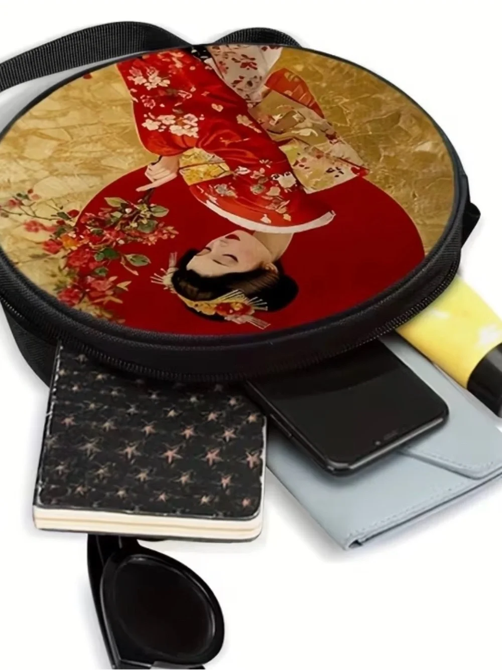 Round Black Crossbody Bag with Red Floral Geisha Print